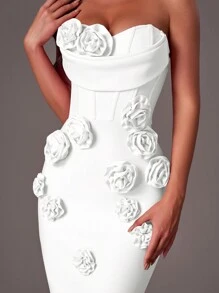 Glamrae Elegante vestido de noche de cóctel con diseño de flor 3D, cuello de volantes sin tirantes y escote de tipo ballena