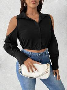 Maweii Camisa corta de manga larga con hombro hueco, diseño ceñido y unicolor para mujer talla grande - Negro - Ver 4