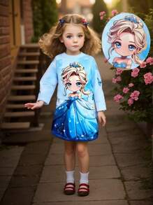 年轻女孩卡通印花圆领上衣和迷你裙套装，休闲秋季 - 藍色 - 查看 1