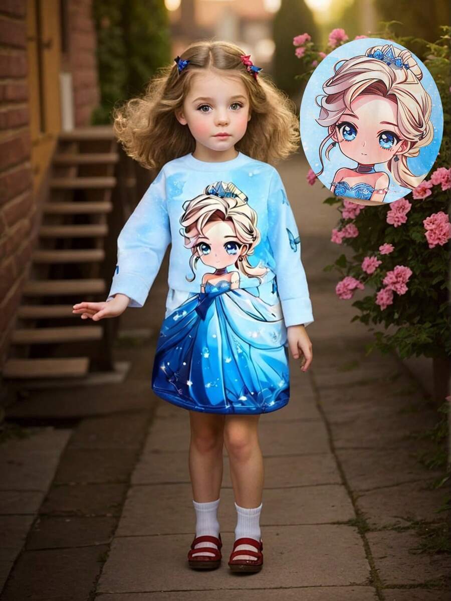 年轻女孩卡通印花圆领上衣和迷你裙套装，休闲秋季 - 藍色 - 查看 1