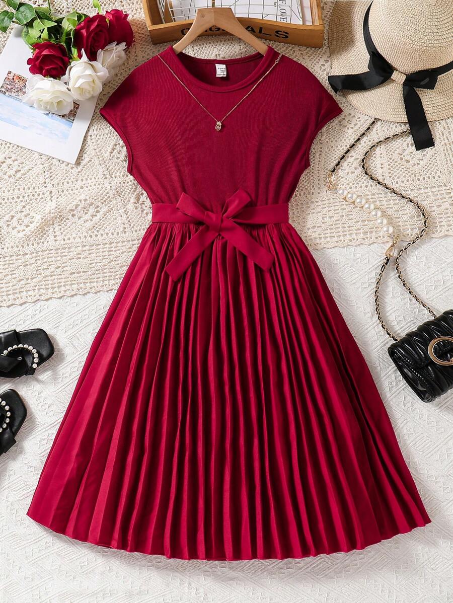 SHEIN Teen Girl Fashionable Elegant Solid Color Pleated Round Neck Dress Casual Versatile With Belt - Burgundy - View 1
