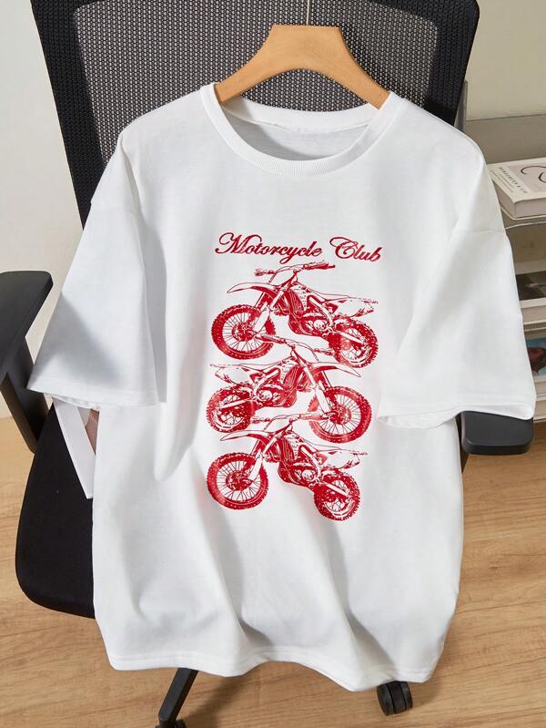 SHEIN 青少年男孩宽松圆领短袖休闲摩托车 T 恤，春夏