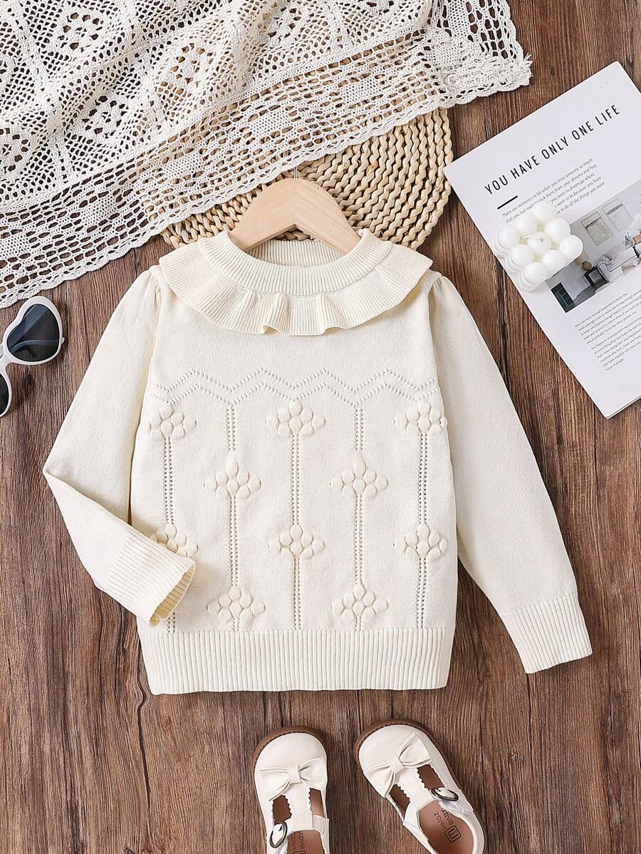 Young Girl Plain Crew Neck Ruffle Hem Long Sleeve Sweater - Apricot - View 1