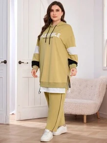 Mulvari 休闲针织拼色连帽长袖宽松常规大码运动衫和松紧腰宽松常规大码裤子套装，春/秋 - 彩色 - 查看 6