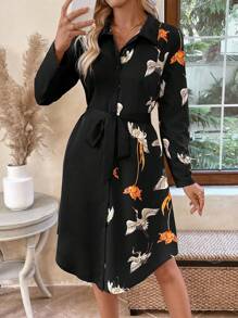 EMERY ROSE Vestido elegante de manga larga hasta la pantorrilla con botones en la parte delantera, cinturón y estampado floral para mujer