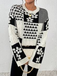 Chiquease Áo len nữ dày dặn, ấm áp, họa tiết hoa xoắn đen trắng, thích hợp mặc mùa thu đông. - Đen và trắng - Xem 6