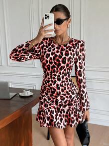 SHEIN Frenchy Jesienna damska sukienka mini z nadrukiem w panterkę