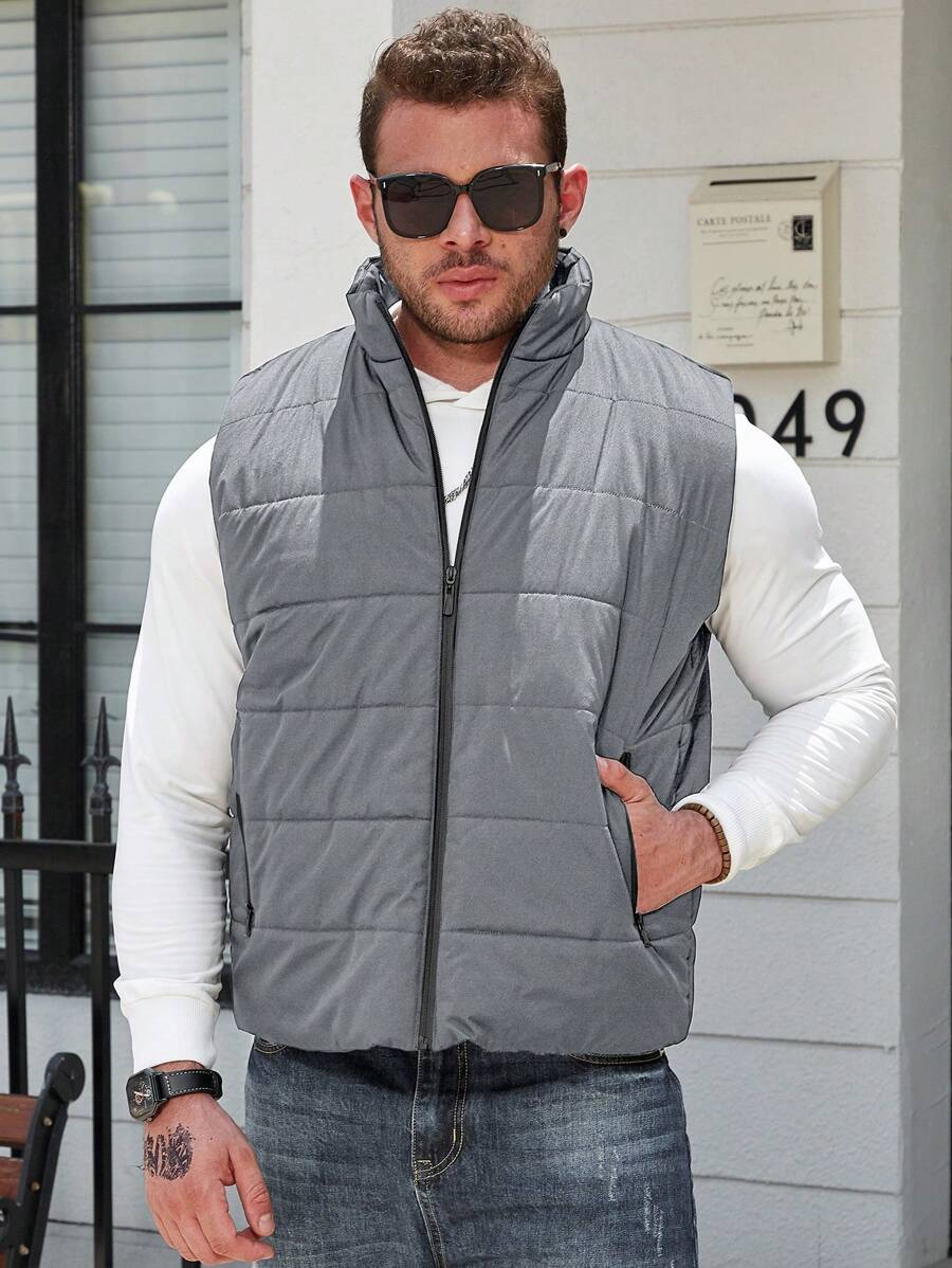 Manfinity Homme Plus Size Men's Solid Color Zipper Front Casual Padded Vest For Winter - Grey - View 1
