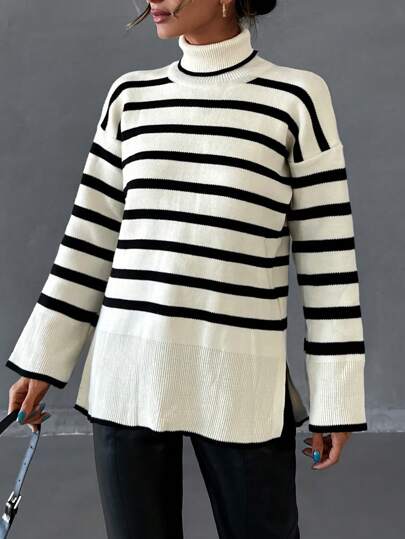 EURMUSE Turtle Neck Sweater With Stripe Pattern