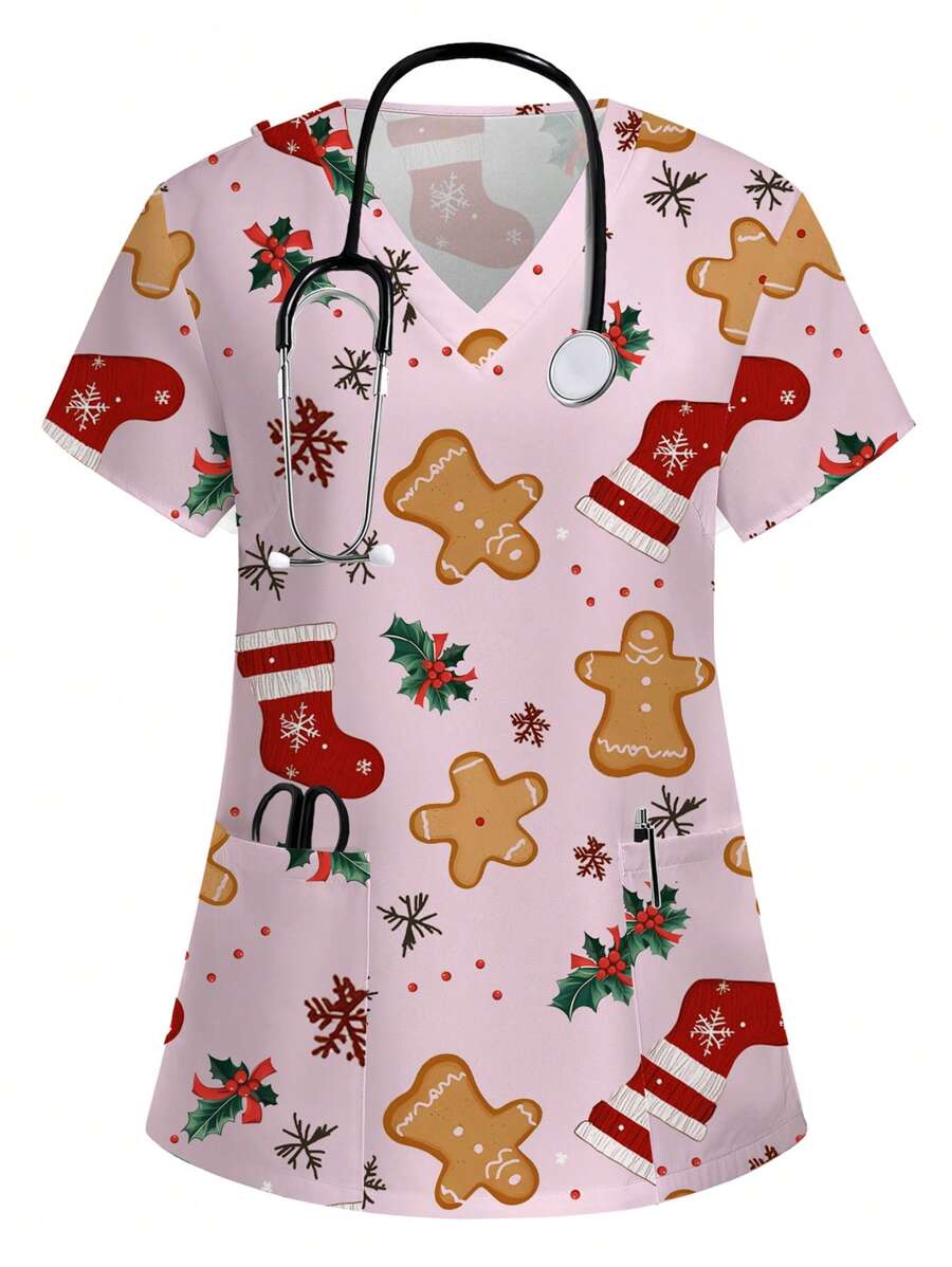 PopScrub Gingerbread Christmas Cartoon Print Scrub Top, Uniform - Pink - View 1