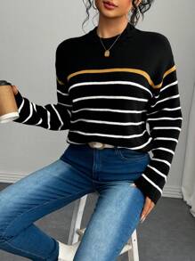 SHEIN Unity Women's Classic Casual Slouchy Colorblock Striped Knit Sweater, Autumn/Winter Knit Pullover Fall - Black - View 4