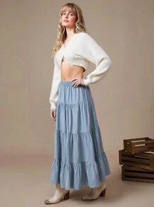 WESTFADE Falda larga de verano con volantes y rayas, estilo occidental para vacaciones - Neblina azul - Ver 5