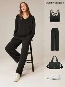 GLOWMODE Modal Silky Smooth Oversized V-Neck Hip Length Long Sleeve Sweatshirt With Thumbholes Daily Casual  Spring Summer - Black - View 5