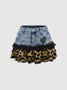 ROMWE J-Fashion Minifalda de mezclilla corta con parches, detalles de estampado de leopardo y flores en estilo Y2K