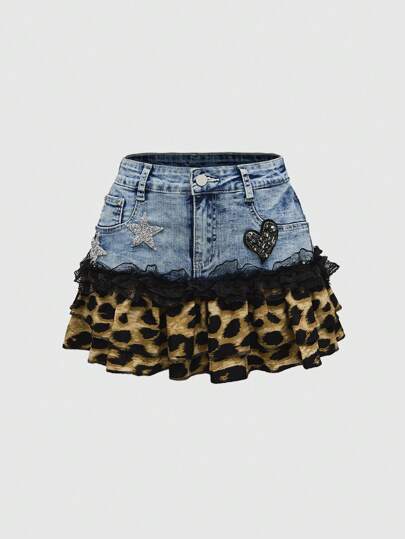 J-Fashion Y2K Patchwork Leopard Floral Trim Super Short Mini Denim Skirt