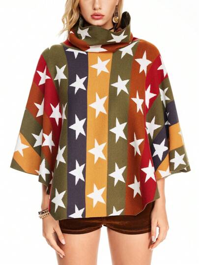 Vintage amerikanischer College-Stil bunter gestreifter & sternenförmiger grafischer, weiter Poncho-Pullover