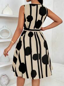 INAWLY 女士优雅几何印花系带迷你连衣裙 - 杏色 - 查看 2