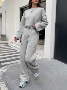 INAWLY 2 stuks dames casual ronde hals lange mouw top en voorkant strik broek set