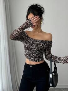 SHEIN Clasi Women's Fashion Sexy Leopard Print Sheer Off Shoulder Ruched Hollow Out Long Sleeve Blouse, Suitable For Spring - Multicolor - View 6