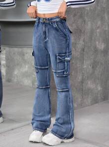 SHEIN 少女 Y2K 高腰翻盖口袋侧喇叭腿工装牛仔裤，春夏季时尚