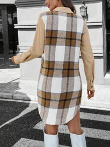 SHEIN LUNE Vrouwen Casual Plaid Patchwork Zak Lange Mouw Jurk Winterjurk Plaid Winterjurken Voor Vrouwen Casual Jurken Voor Vrouwen