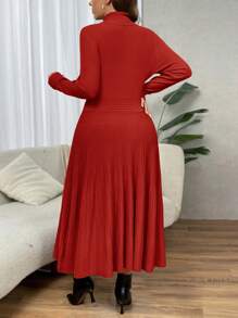 SHEIN Clasi 大码女式驼色和米色高领收腰 A 字型优雅通勤简约基本款长裙，适合感恩节和假期，适合冬季 - 紅色 - 查看 2