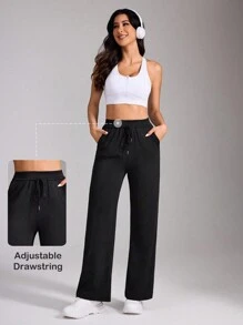 Easithlete Quần thể thao ống đứng lưng rút dây màu trơn đơn giản cho nữ - màu đen - Xem 3