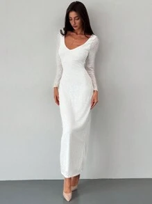 Aloruh Long Sleeve V-Neck Bodycon White Dress, Suitable For Dating, Holiday, Commuting - White - View 4