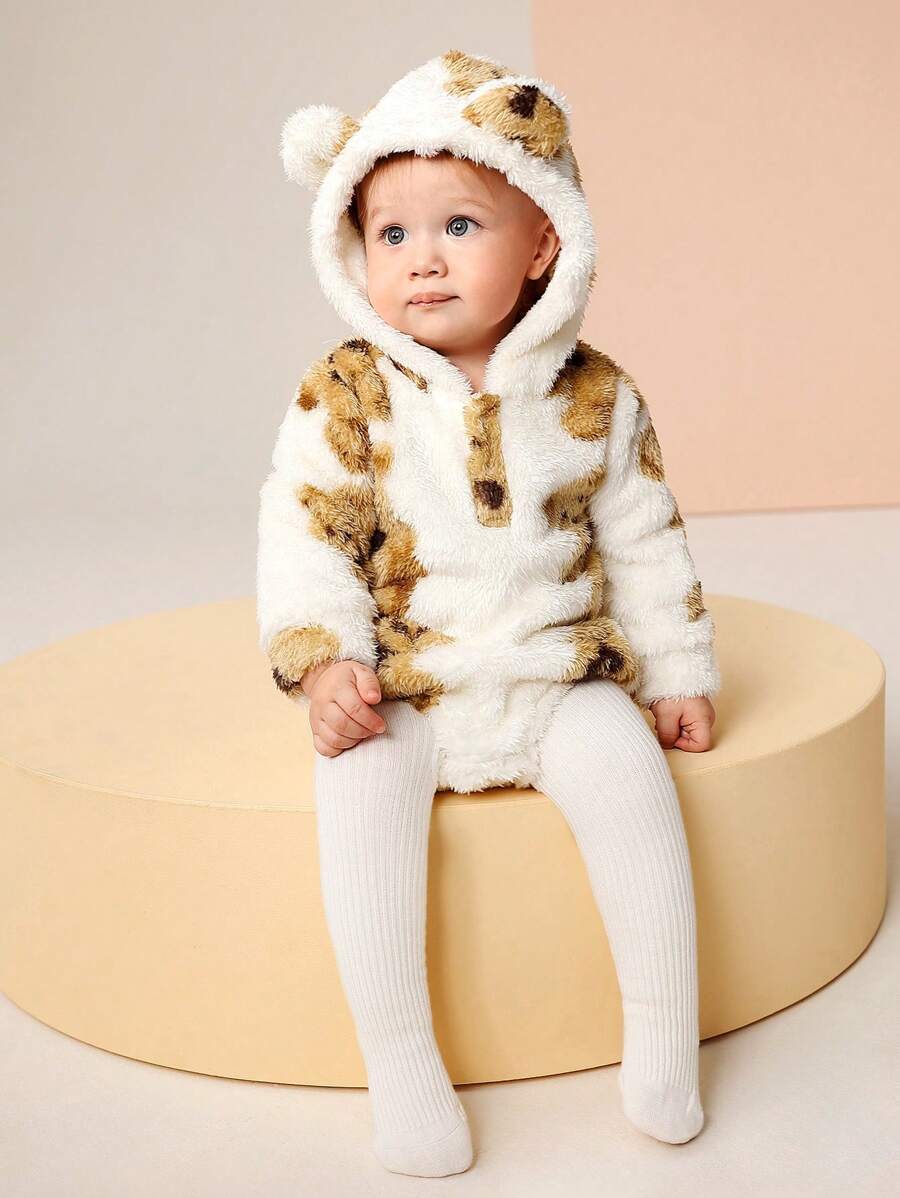 SHEIN Baby Boy Winter Casual Cute Bear Hoodie With Fluffy Ears Thick Warm Bodysuit, Suitable For Outdoor Play, Birthday, Home Comfort - Multicolor - View 1
