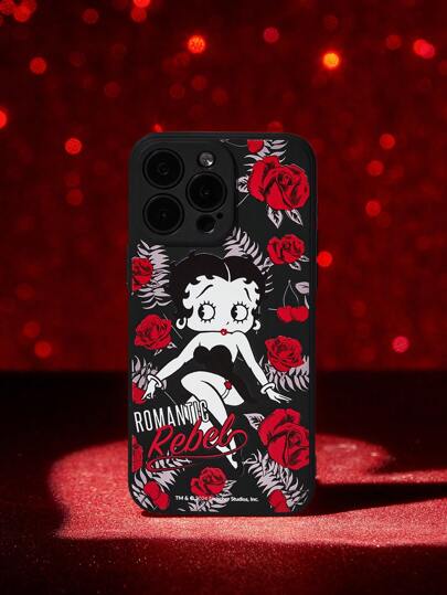 Betty Boop x SHEIN 漫画のキャラクター&ローズパターン ブラックファッション スマホケース、ギフトアイデア、パーティー、ホリデー、バレンタインデー