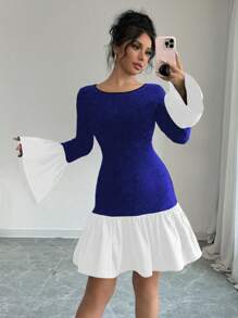 Selianne Women's Contrast Color Round Neck Flare Sleeve Ruffle Hem Mini Dress Fall Cloth For Women - Blue and White - View 4