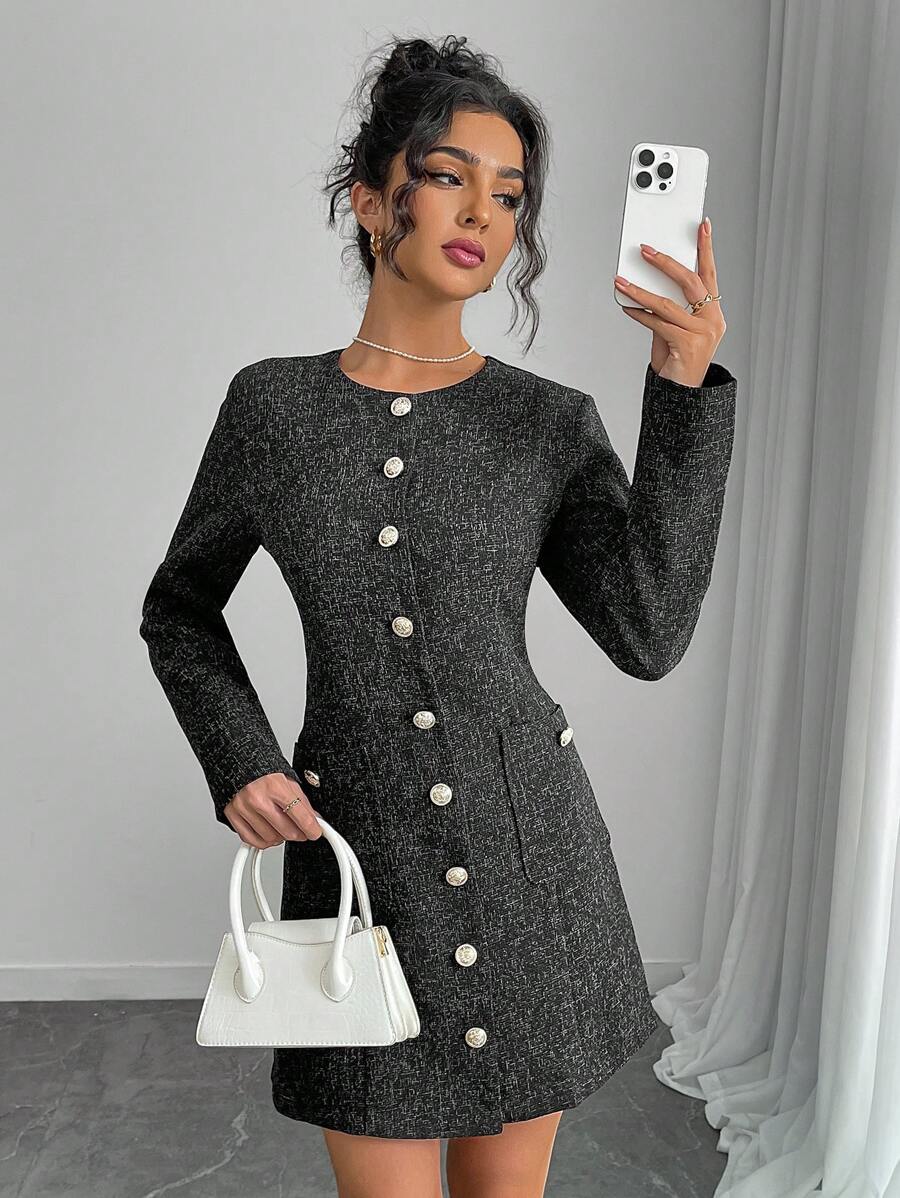 Chiquease Women Elegant Front Button Long Sleeve Pockets Midi Dress Fall Cloth For Women