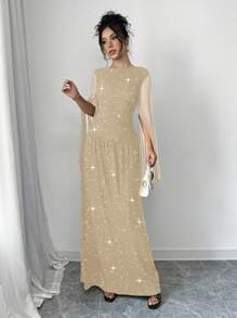 Elenzga 25+ 件休闲优雅派对风格亮片连衣裙长款女装 - 杏色 - 查看 4