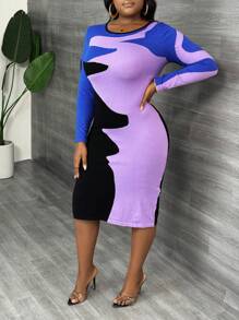 Slaydiva Plus Size Retro Casual Elegant Round Neck Long Sleeve Fitted Underlay Dress With Asymmetrical Contrasting Floral Pattern, Knitted, Autumn/Winter - Purple - View 4