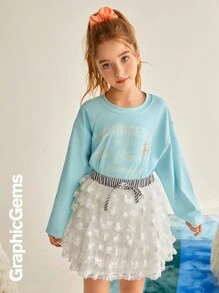 Tween Girls' Casual Letter Print Round Neck Drop Shoulder T-Shirt, Autumn - Blue - View 3