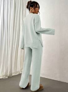 SHEIN Unity 女士纯色圆领落肩长袖毛衣和针织裤两件套，休闲秋冬 - 淺藍色 - 查看 2