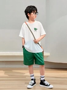SHEIN Tween Boy's Korean Cute Casual Printed Round Neck Short Sleeve T-Shirt And Solid Color Knitted Shorts Set - Green - View 6