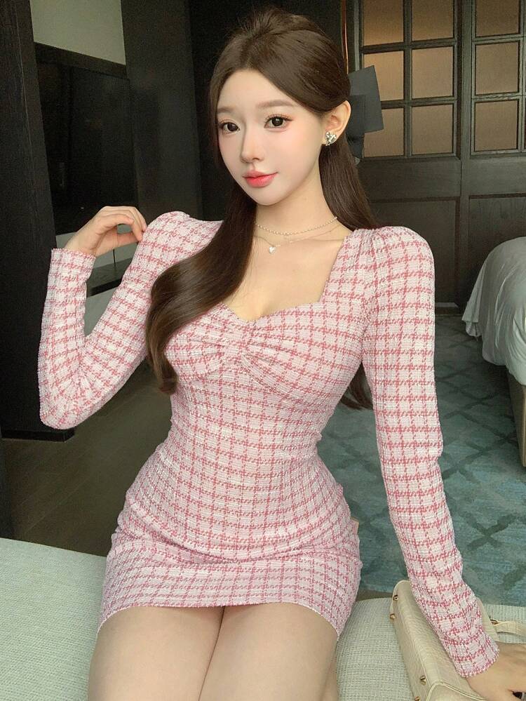 Valentine's Day Pink Fitted Plaid Mini Dress For Women,Fall Dress Long Sleeve Dress