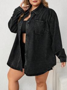 SHEIN CURVE+ Plus Size Women Black Lapel Long Sleeve Curved Hem Denim Jacket, Fall Women Clothes - Black - View 5