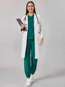 TaskEZ Women's Solid Color Bandbag Collar Long Sleeve Pocket Casual Lab Coat/Jacket, White - White - View 6