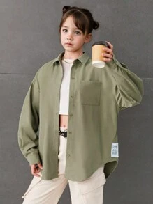 Camisa de manga larga informal para niñas preadolescentes con estampado gráfico de logotipo en la espalda, de unicolor y de tela suelta - Verde - Ver 2