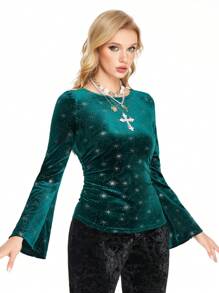 ROMWE Hippie Women's Hippie Velvet Gold Foil Star Flare Sleeve T-Shirt