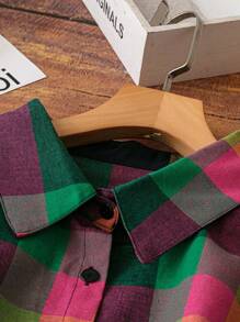 Linhara 大码前扣长袖格子休闲衬衫，日常穿着 - 黃色 - 查看 5