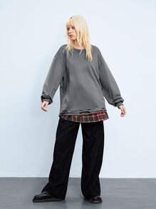 Lunelith SHEIN Lunessa 1 pieza Sudadera de manga larga con cuello redondo, diseño de dobladillo desgastado, estilo punk, otoño/invierno, gris y holgada para mujer