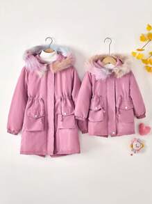 1pc Tween Girl New Stylish Casual Hooded Drawstring Pocket Long Fleece Jacket In Light Pink, Autumn/Winter, Daily Wear, Sibling/Matching (Sold Separately) - Dusty Pink - View 4