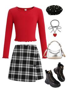 SHEIN Niña preadolescente - Camiseta de manga larga de un solo color rojo con acabado de lechuga y falda pantalón a cuadros negros con detalle de botones, para otoño e invierno, excelente para uso casual diario y escolar en otoño e invierno, para Navidad