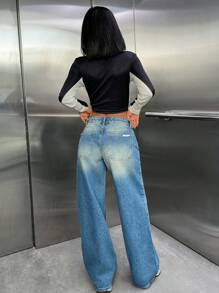 EURMUSE WOMEN WIDE LEG LOW WAIST JEANS - Light Wash - View 2