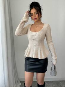Chiquease 2024 Autumn/Winter Fashion Scoop Neck Ruffle Hem Fitted Knit Sweater Knit Pullover Fall - Apricot - View 5