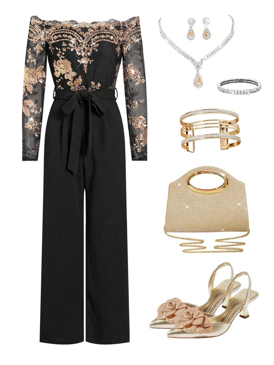 Ellevyn 女士亮片露肩紧身裤，适合派对、秋季 - 彩色 - 查看 1