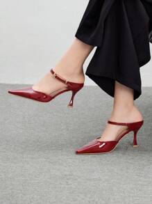 CUCCOO BIZCHIC Fashionable Burgundy Metallic Buckle Mule Pointed Toe Stilettos Heels, Suitable For Commuting, Dating, Party And Vacation For Christmas And New Year Holiday Vibe Fall And Winter